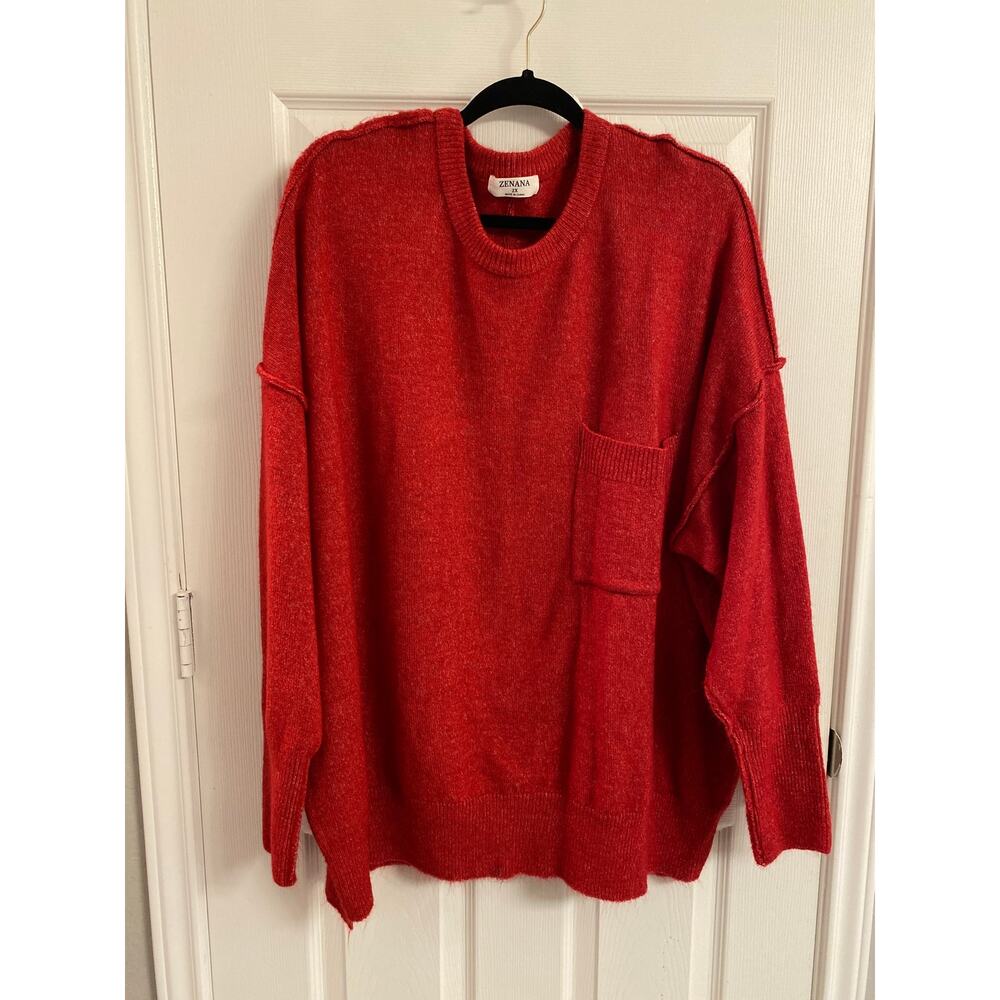 Slouchy Zenana Over-Sized Knit Crewneck Sweater Red 2X Cozycore Casual